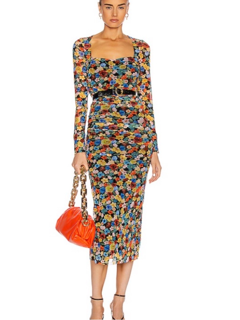 Ganni Floral Mesh Midi Dress — Blue, Yellow, Orange, Green